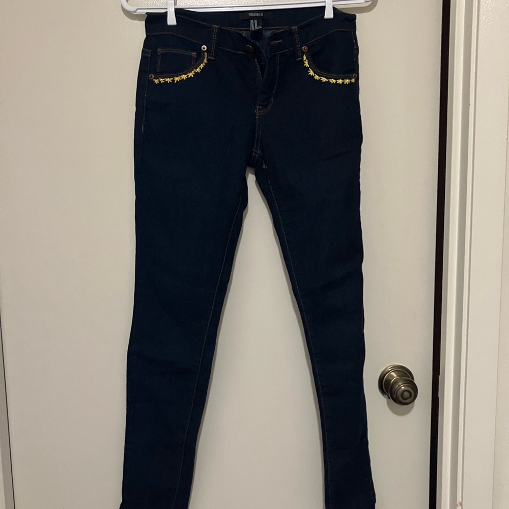 Forever 21 Dark Blue Skinny Jeans with Yellow Hand Embroidered Details